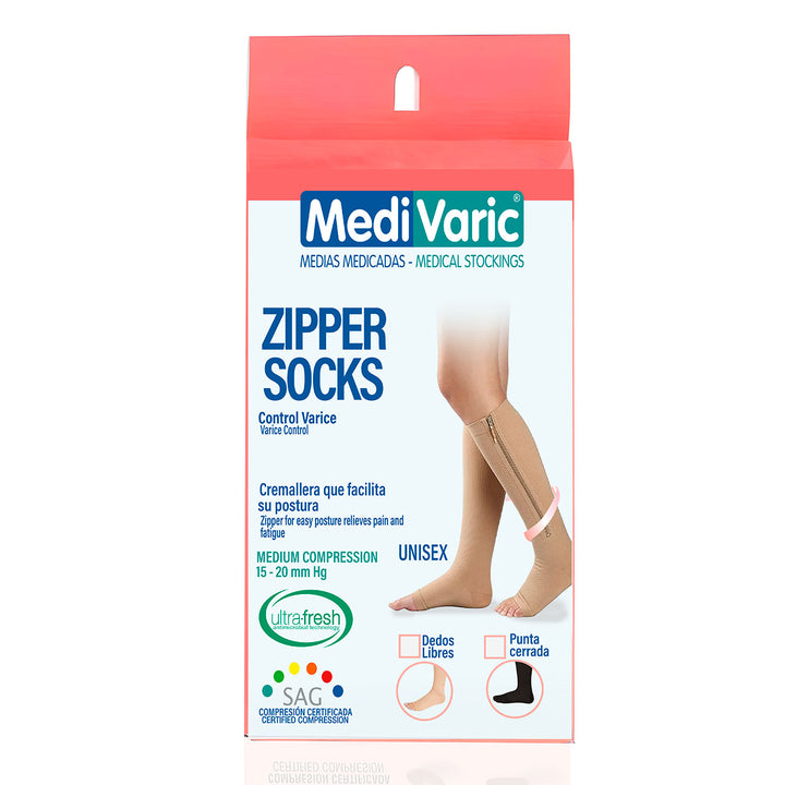 MediVaric Unisex Compression Zipper Socks 15-20mmHg – Knee High, Corrugated, Closed Toe