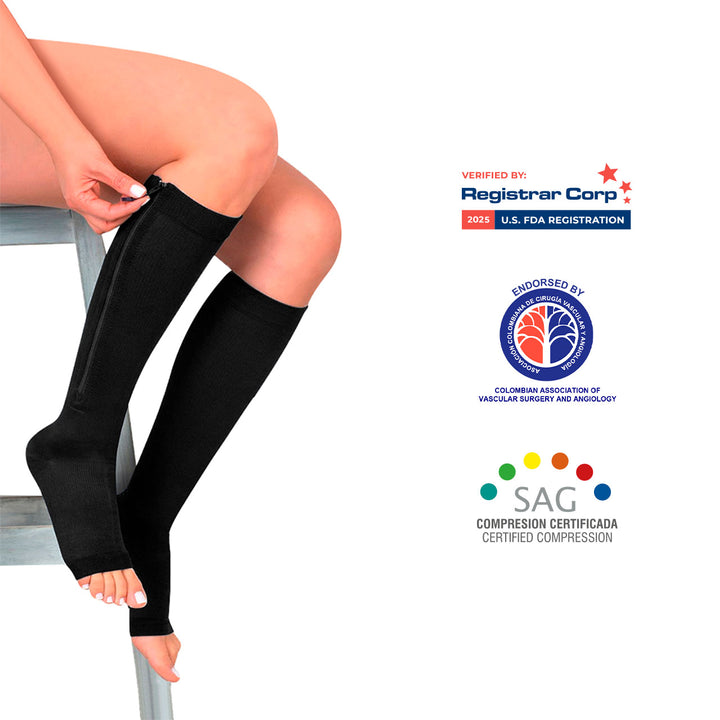 MediVaric Unisex Compression Zipper Socks 15-20mmHg – Knee High, Corrugated, Open Toe