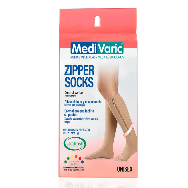 MediVaric Unisex Compression Zipper Socks 15-20mmHg – Knee High, Corrugated, Open Toe