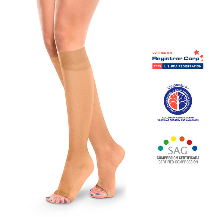 Women's High Knee Compression Socks 15-20 mmHg - Open Toe, Transparent